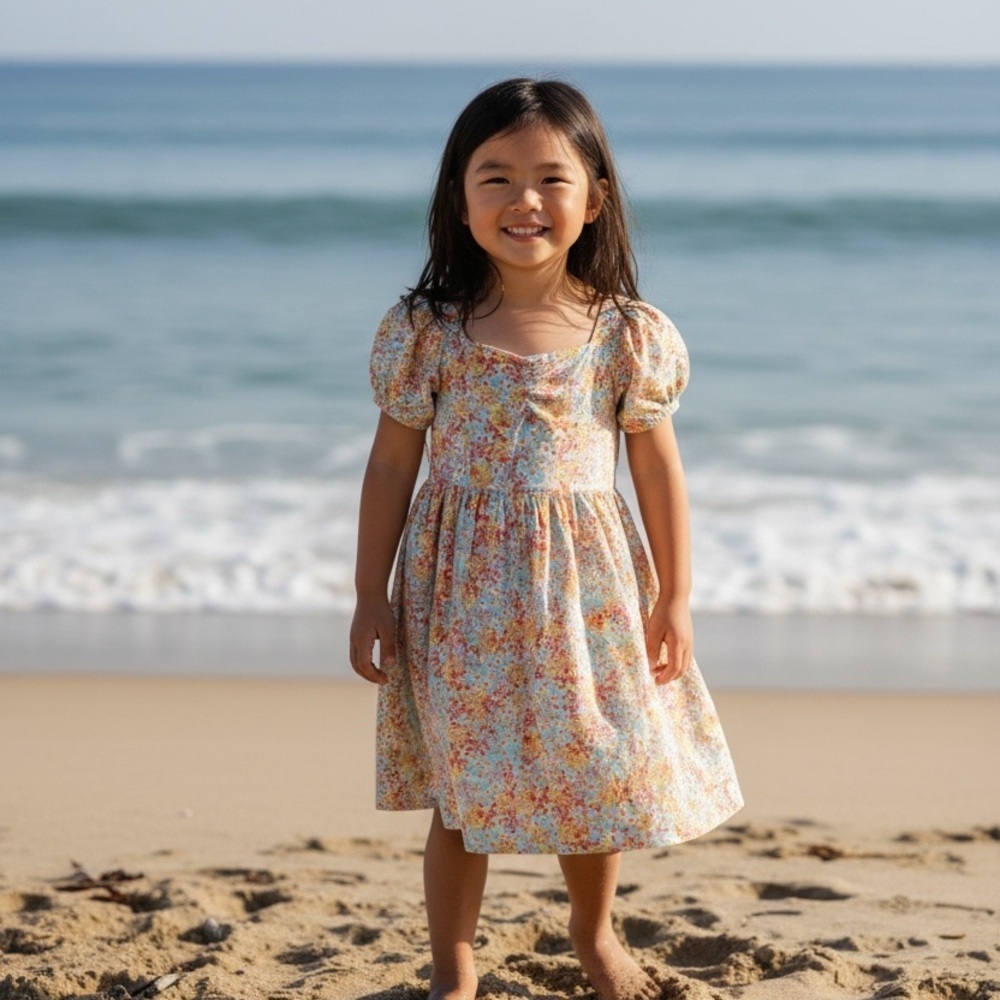 Roxy Kids Floral Puff-Sleeve Dress - Cream Multi - Picture 1 of 2